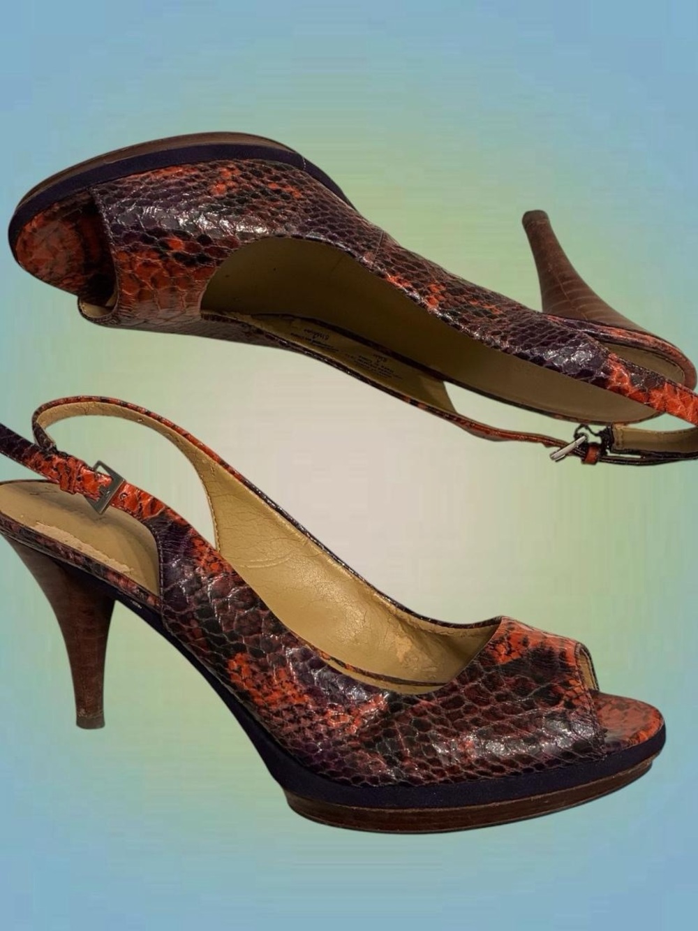 Women's Red/Brown Snake-Print Slingback Peep-Toe Heels